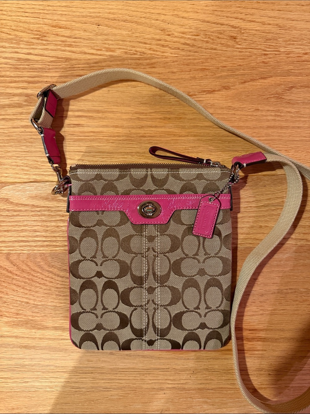 Coach Beige Signature Crossbody with Pink Trim